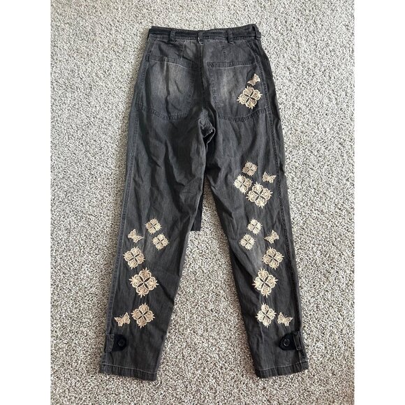 Johnny Was Women Sz Small Embroidered Floral Cotton Jade Black Pants Tie Waist - Picture 3 of 12